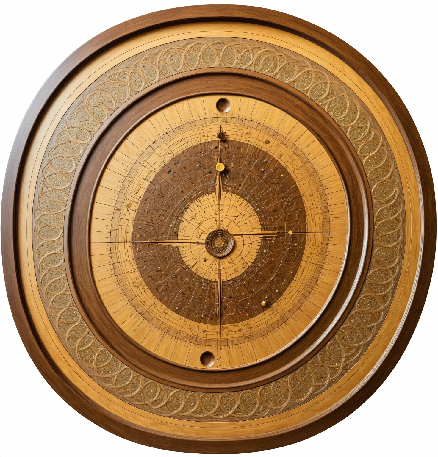 a close-up of a wooden circular table with a pattern, geometry and astrology, the table is centered, central circular composition, geometrical masterpiece, geometry, radial centered design, game board, overlaid sacred geometry, arranged in the golden ratio, magical elven geometry, geometric, ( geometric ), centred in image, geometric wood carvings, figure in center, da vinci style