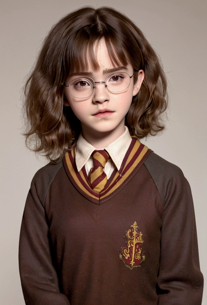 ((high resolution)), ((pale skin)),  young Emma Watson, blushing cheeks, (short curly hair, hair is dark brown), ((wears thick glasses, hogwarts uniform)), full body portrait