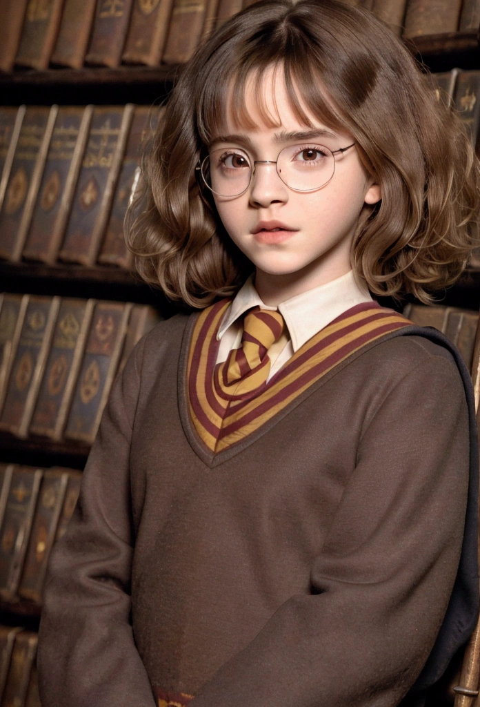 ((high resolution)), ((pale skin)), 10 year old young Emma Watson, blushing cheeks, (short curly hair, hair is dark brown), ((wears thick glasses, hogwarts uniform)), full body portrait