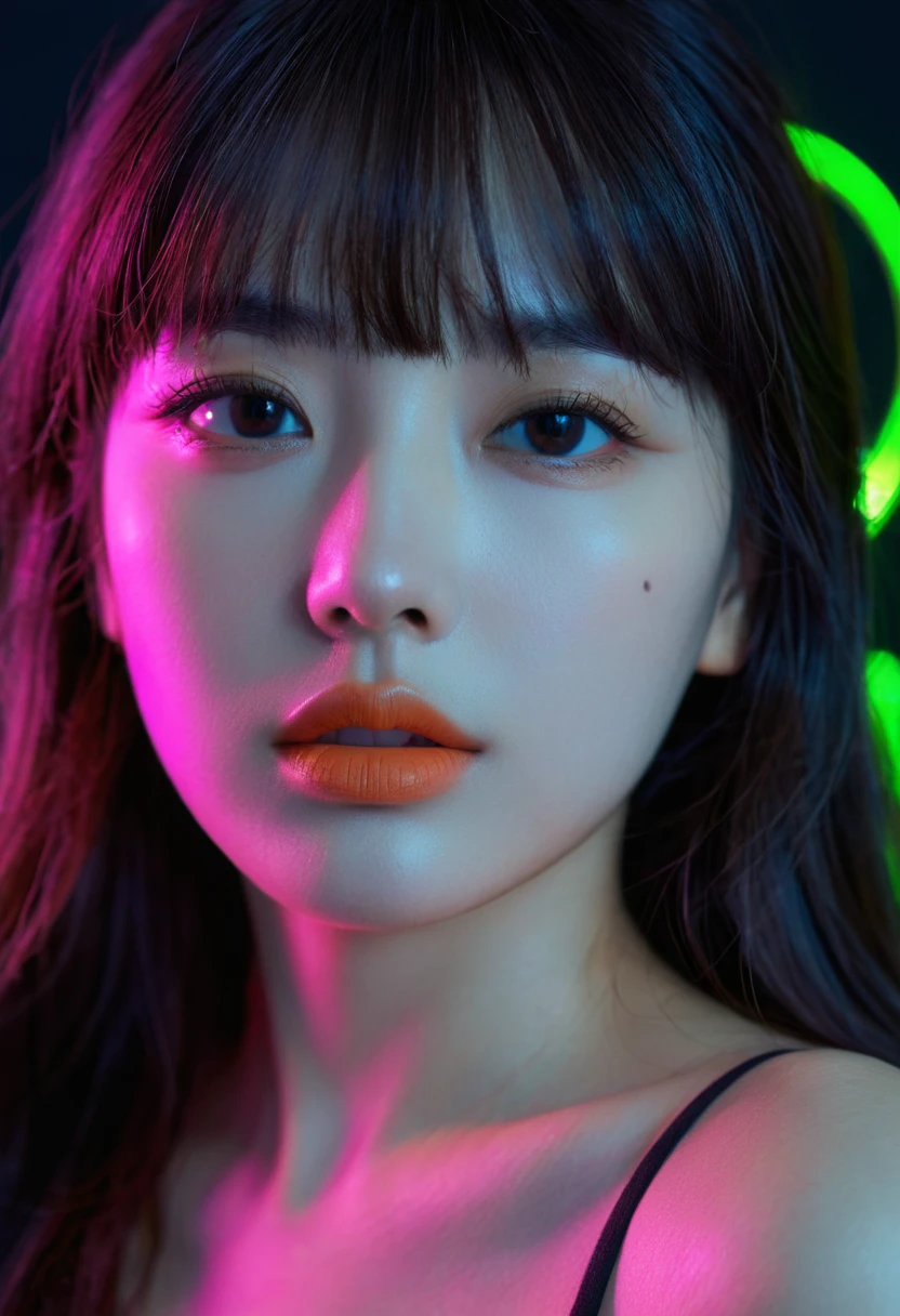 8k, best quality, 1 Girl, (Skin Indentation), night, (dark), Indoor clear background, (people), Beautiful bangs, Gorgeous,, (Clothing and:1.3),Soft lighting, attractive, dark Room, (mouth close:1.2, beautiful eyes, Delicate eyes, Detailed iris, Beautiful lips, Beautiful nose, Pretty Face),(primary color:1.5)，(Ambient Light:1.5)，(Neon light:1.8),(Radioluminescence:1.3)