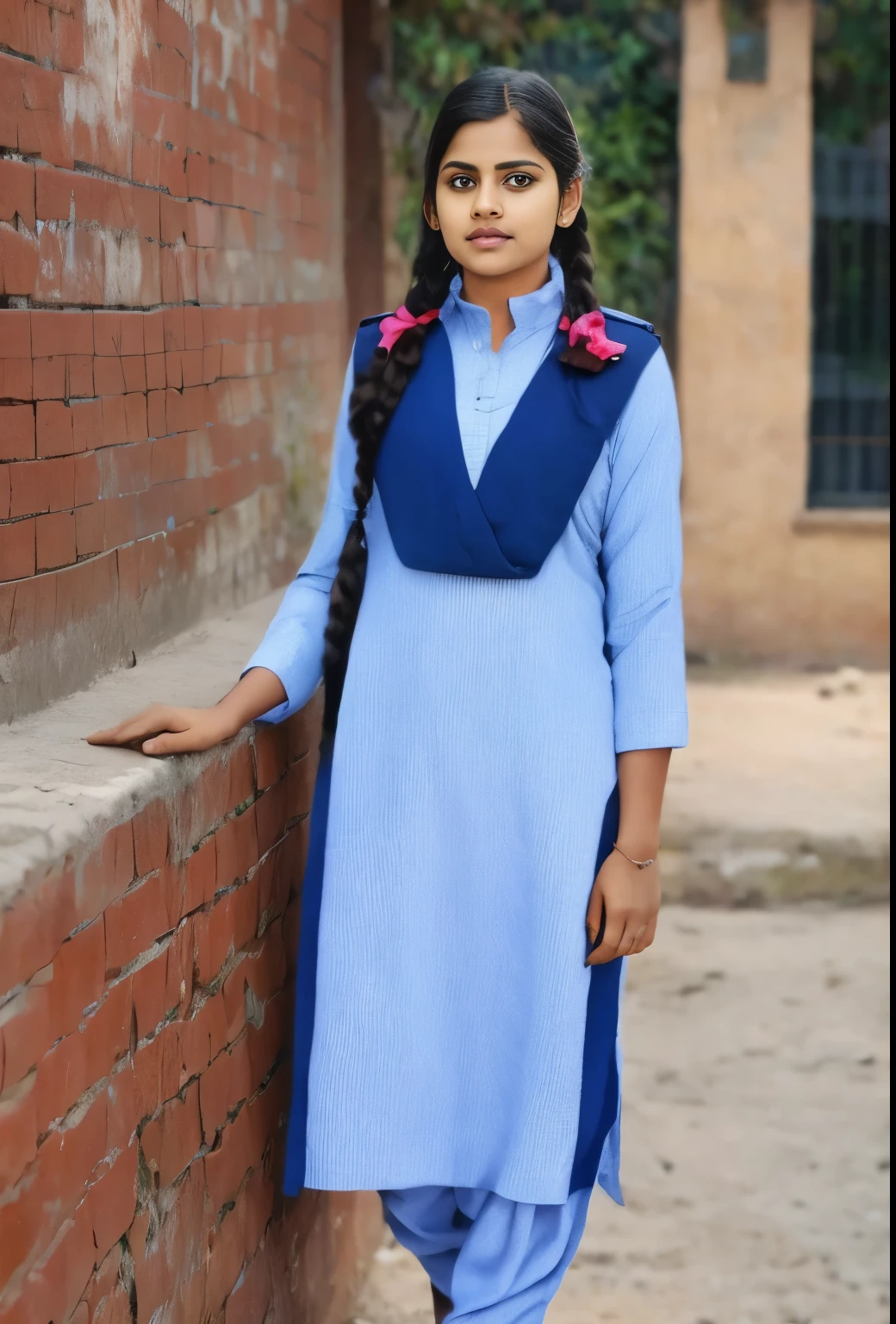 Raw photo , 1 girl ,Wearing salwar kameez uniform, girl, with plait , professional photographer, (hdr:1.4), masterpiece, ultra-realistic 8k, perfect artwork, intrincate details, cute face, award winning photograph, (Best quality, 8k, 32k, Masterpiece, UHD:1.3)