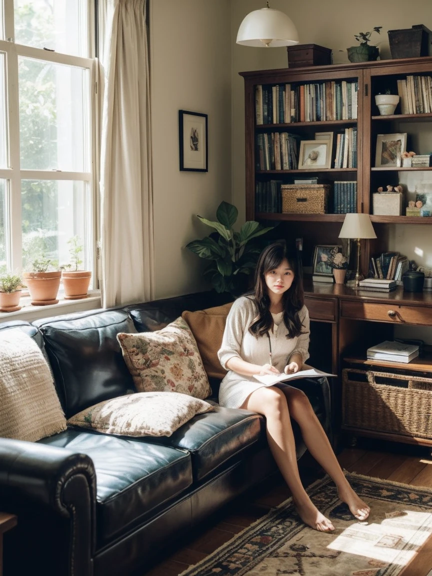 living room, couch, window, curtains, dappled sunlight, potted plant, table, cabinet,bookshelf, paper, desk lamp, typewriter, girl sitting on sofa