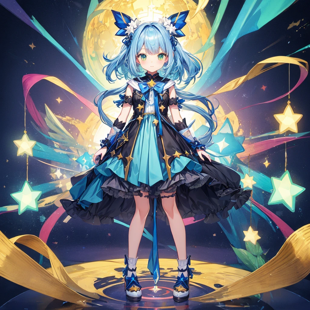 1girginal cute hairstyle、Star Fairy、Star incarnation、Character design front view、A picture facing the viewer、(((Super detailed、Highest quality、Masterpiece)))、vtuber-fullbody,Milky white and blue hair color、Simple Green Background、vtuber-fullbody,
