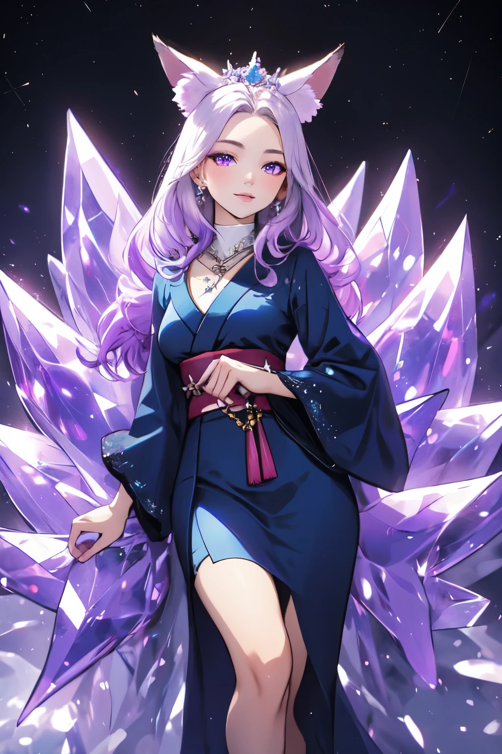 ((best quality)), ((masterpiece)), (detailed), detailed eyes, detailed hands, full-length body image, full-length image, female humanoid kitsune, wearing a short thigh length kimono, standing, crystal crown on top of her head, light purple hair, light purple fox ears, 2 purple crystal fox tails, 1 crystal eight-pointed star shape on forehead, delicate and beautiful detailing, beautiful face, well-proportioned detailed purple eyes, round detailed purple eyes and makeup, beautiful detailed and clear purple eyes, volume smooth and sharp, long flat bangs, fictional art, best photos, best quality, very beautiful and meticulous eight-pointed crystal star on forehead, delicate, mouth closed smile, not fully smiling, with a starry background