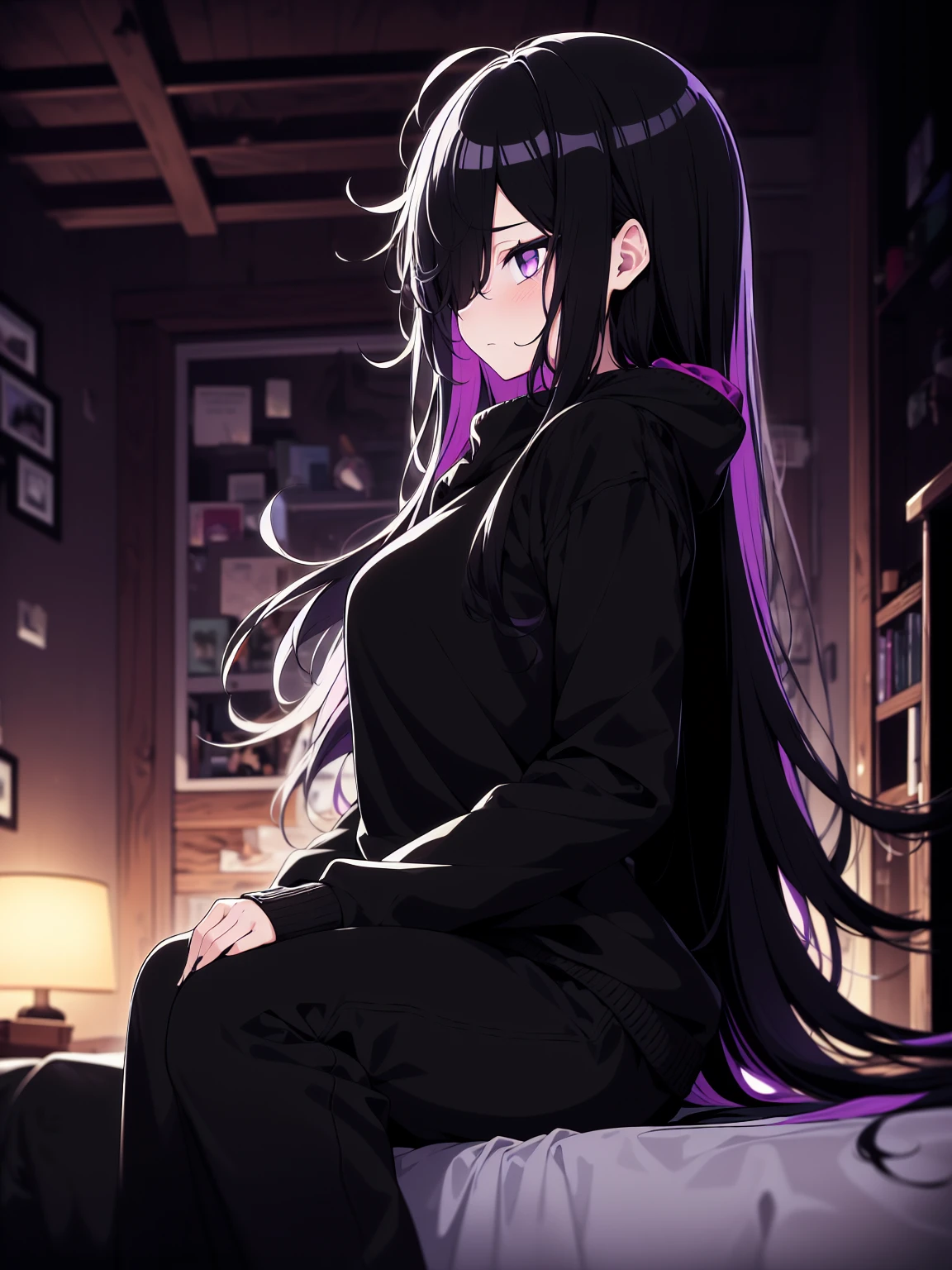side view, colorful, (best quality, ultra-high resolution, depth of field:1.2), 1woman, (gothic), black hair, (long black hair), messy hair, hair over one eye, purple eyes, medium breasts, cozy sweater, hoodie, black soggy pants, (dimly lit room:1.2), melancholic expression, (somber atmosphere:1.3), sitting on a bed