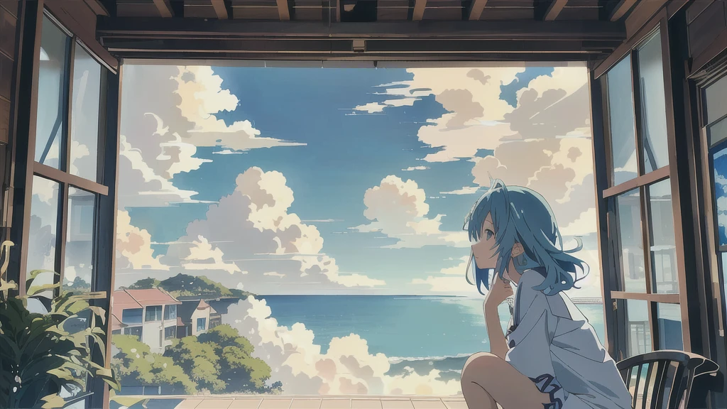 Anime girl sitting on a chair looking out the window at the sea, Overlooking the sea, Gazing at the sea, Gazing at the sea, 4k anime wallpaper, Anime Style 4k, anime wallpaper 4k, anime wallpaper 4k, Anime Art Wallpapers 8K, View of the sea, anime art wallpaper 4k, anime art wallpaper 4k