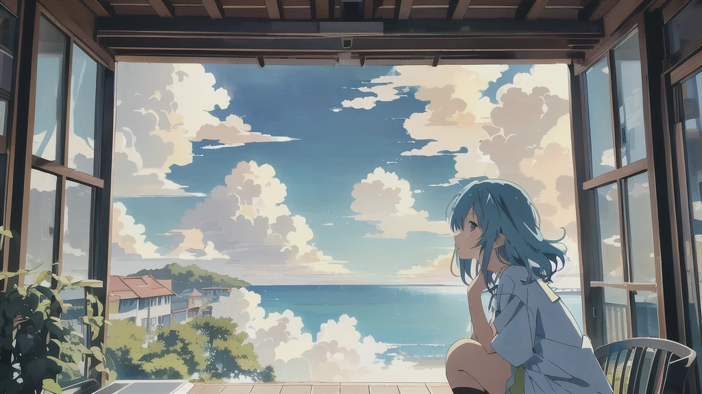 Anime girl sitting on a chair looking out the window at the sea, Overlooking the sea, Gazing at the sea, Gazing at the sea, 4k anime wallpaper, Anime Style 4k, anime wallpaper 4k, anime wallpaper 4k, Anime Art Wallpapers 8K, View of the sea, anime art wallpaper 4k, anime art wallpaper 4k