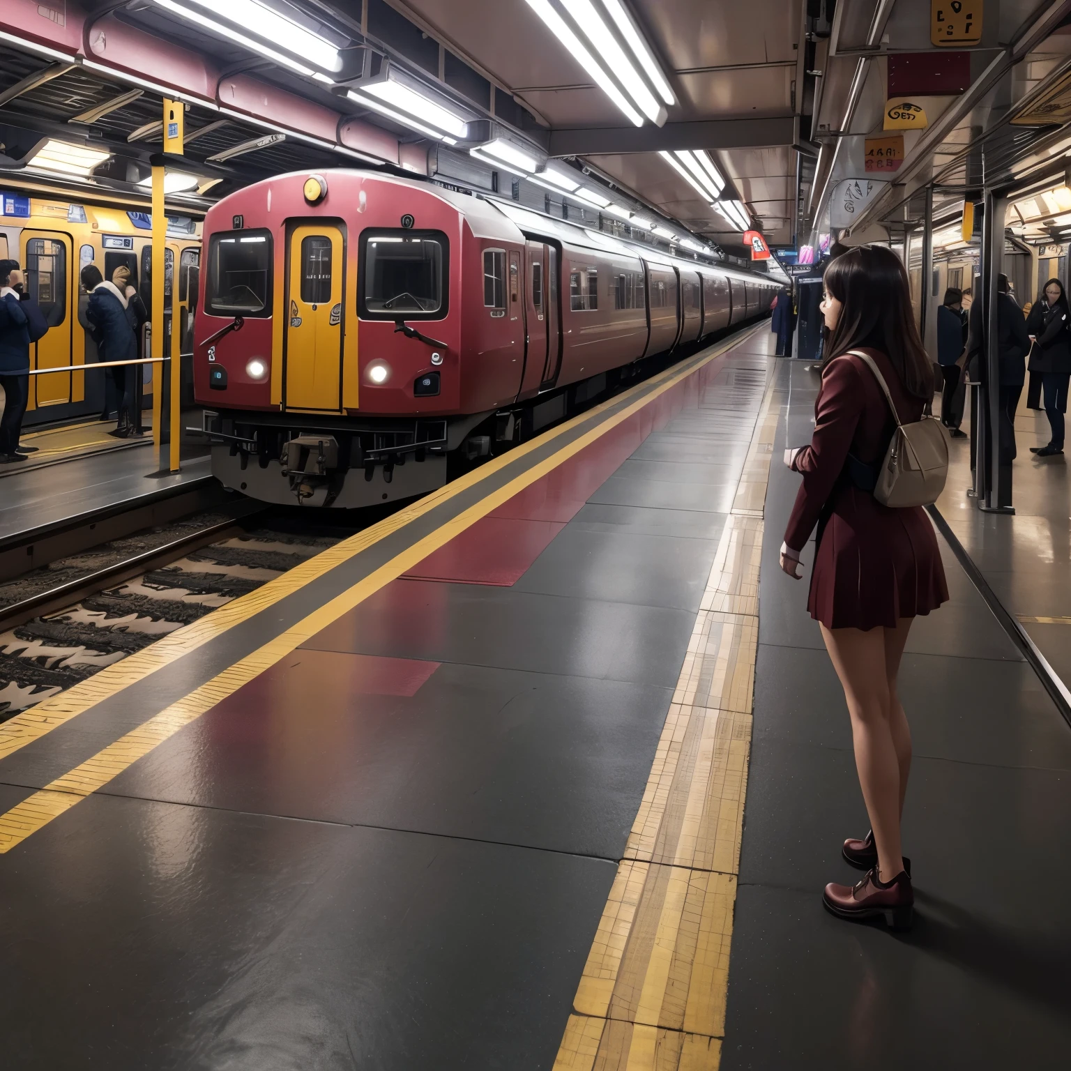 (best quality,8k,highres, masterpiece:1.2), ultra-detailed, HDR, UHD, studio lighting, ultra-fine painting, sharp focus, physically-based rendering, extreme detail description, professional, vivid colors, concept artists, warm color palette, dramatic lighting,A burgundy train is on the platform of the station, a woman in a white dress, an office lady, a high school girl, etc. are standing on the platform and watching the train,rear view,