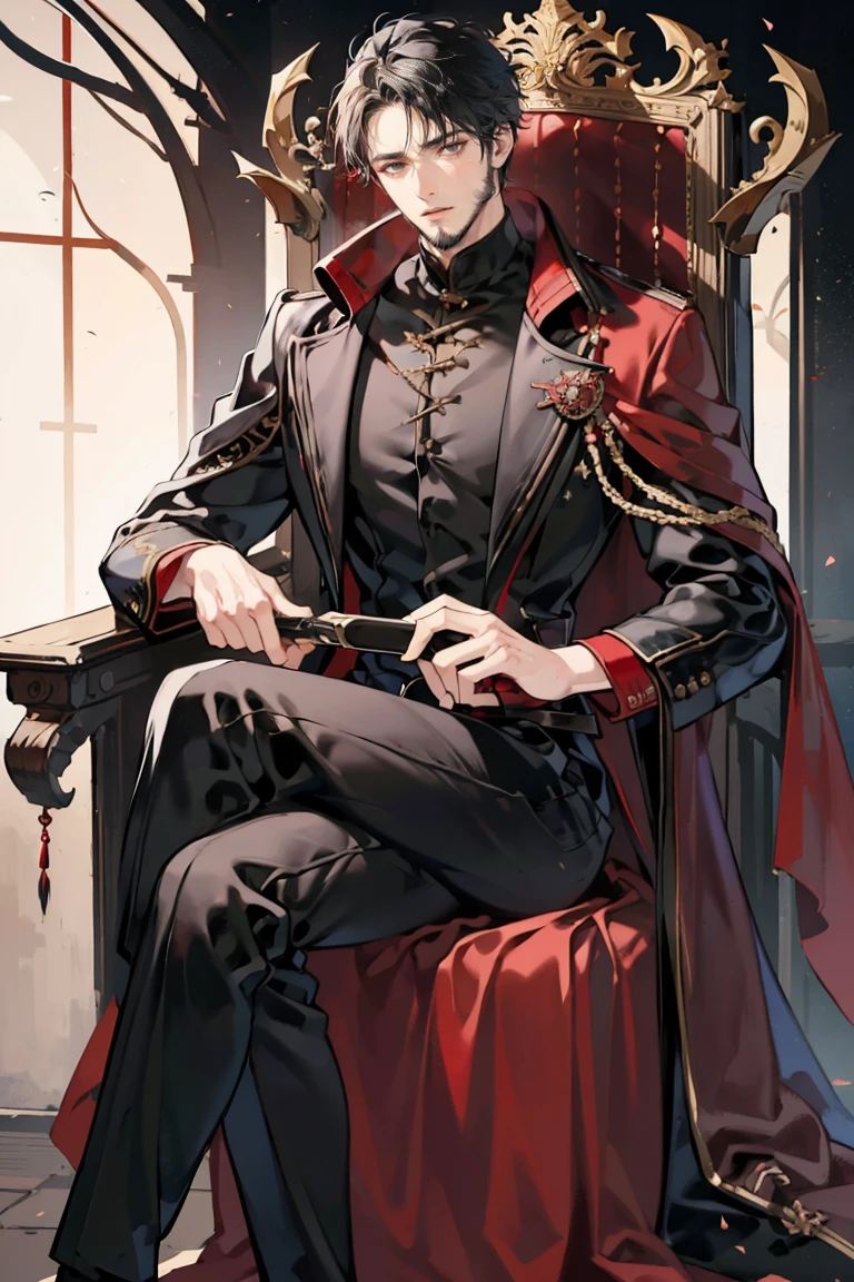 anime - (masterpiece), best quality, seductive eyes, old face, black eyes, long black haircut, beard, plain black polo, red coat, black pants, tall man, long legs, masculine, massive body, adult-like, full body, adult king, he's sitting on a red throne with a crown on the handle of the throne