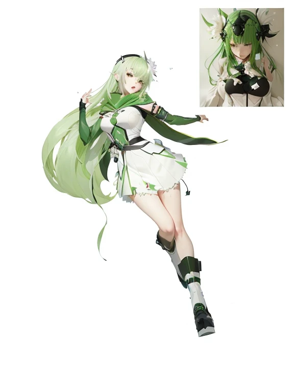 Green hair、White Skirt、Green cape cartoon character, Inspired by Lee Knight, Tornado from one punch man, Neil Inspired, Inspired by Kamisaka Snow Flower, Tornado, Gravity Rush Inspiration, Similar to the style of cytus and deemo, From Girl Front, Girls Frontline style, Actress 👀 :8, The non-dual god of spring