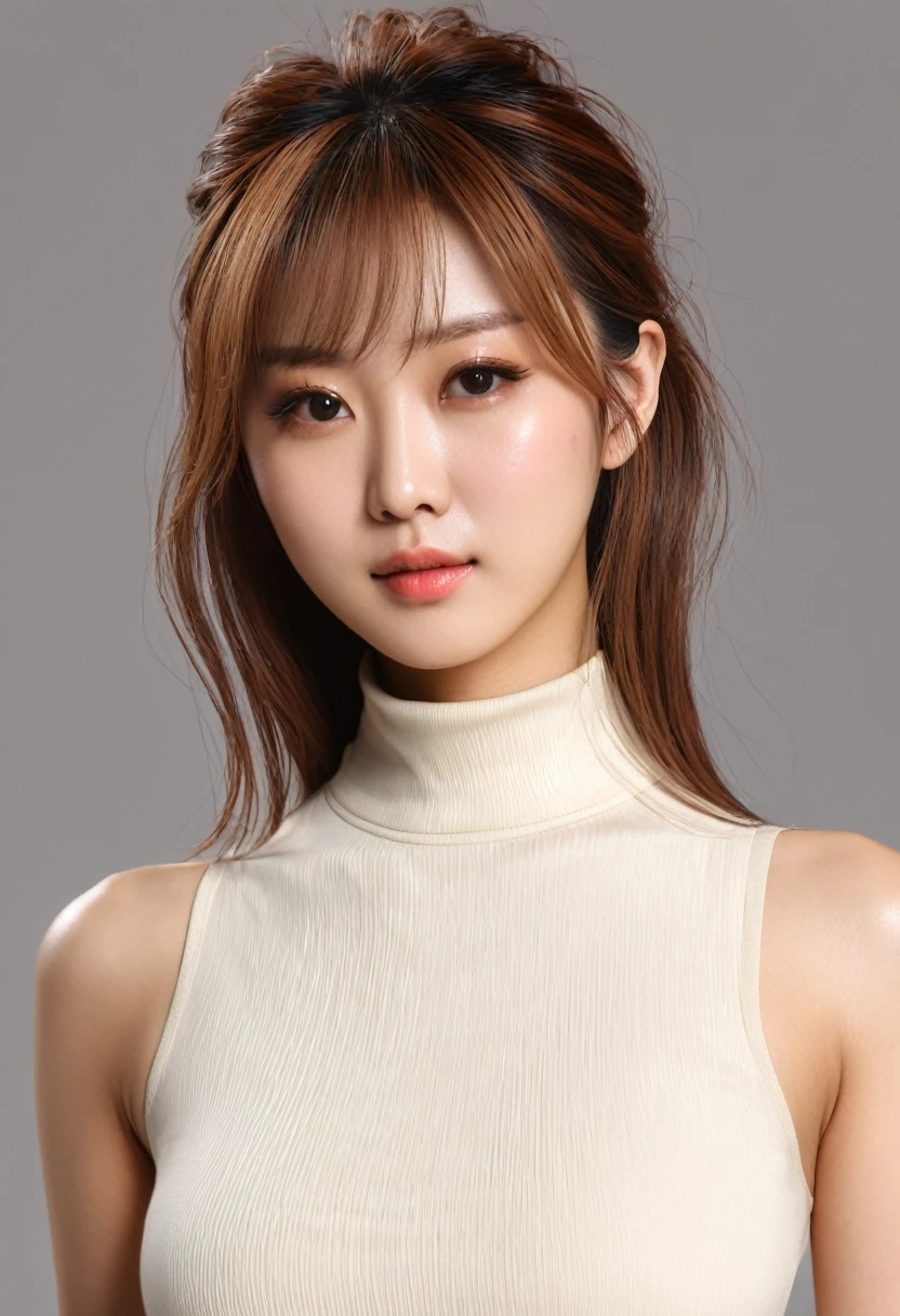 (masterpiece:1.3), (8k, Photorealistic, Raw photo, Best image quality: 1.4), Japanese、(Random Hairstyles:1.2)、Cleavage:1.2、Super detailed face、Attention to detail、double eyelid、Sharp focus:1.2、Beautiful woman:1.4、Light brown hair、Highest quality、masterpiece、超A high resolution、(Photorealistic:1.4)、Highly detailed and professional lighting、Lightweight high neck、indes finger raised、long hair、busty、Sleeveless