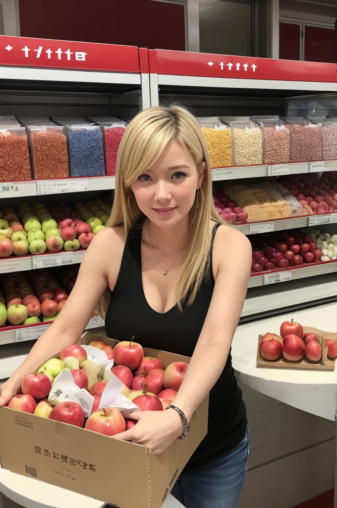 At the big souvenir shop in the airport、Pick up a box of apples、36 years old、Blonde、American female journalist