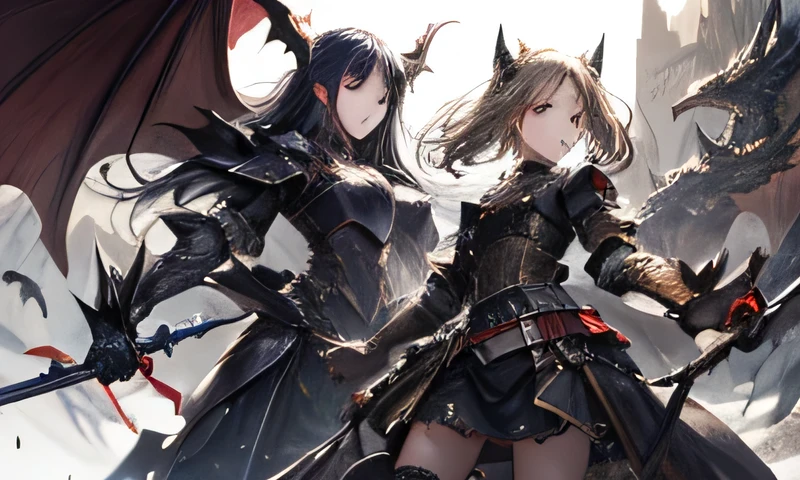 ((best quality)), ((masterpiece)), (detailed), 3 girls, A black western dragon, Girls in armor, With a weapon in his hand, Girls facing the dragon, fighting, Delicate face