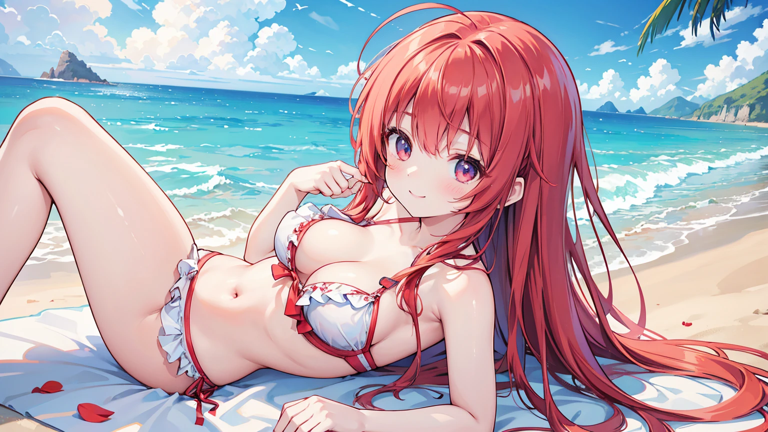 photorrealistic、highest quallity、higher resolution、highest quallity、８Ｋ、A beautiful woman、cute、long hair 、Red hair color、breasts big、Beautiful Breasts、cute水着、Bikini with ruffles、Beautiful sea、beautiful beaches、It seems fun、Frolic with a smile、