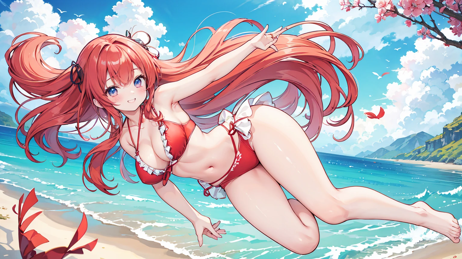 photorrealistic、highest quallity、higher resolution、highest quallity、8K、A beautiful woman、cute、long hair 、Red hair color、breasts big、Beautiful Breasts、cute水着、Bikini with ruffles、Beautiful sea、beautiful beaches、It seems fun、Frolic with a smile、