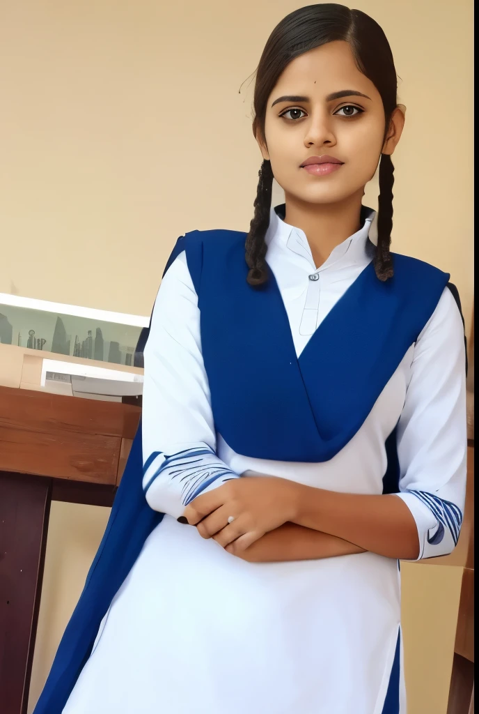 Raw photo , 1 girl  ,Wearing  salwar kameez uniform, teen school girl, with plait , professional photographer, (hdr:1.4), masterpiece, ultra-realistic 8k, perfect artwork, intrincate details, cute face, award winning photograph, (Best quality, 8k, 32k, Masterpiece, UHD:1.3) 