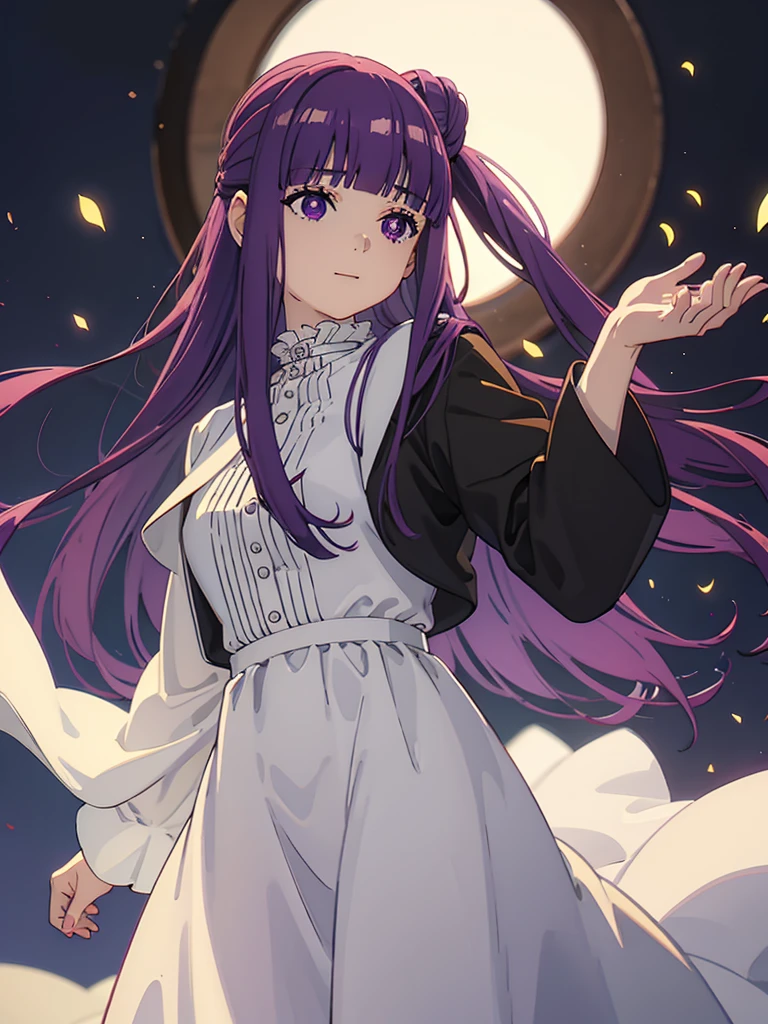 è²ä¼¦,1girl,solo,purple hair,long hair,purple eyes,blunt bangs,sidelocks,half updo,bright pupils, hair ornament,frilled collar,black robe,white dress,center frills,buttons,wide sleeves,long sleeves,curvy,cowboy shot,brown coat,from side,smile,, Exquisite visuals, high-definition,masterpiece,best quality,, 20yo,Young female,Beautiful Finger,Beautiful long legs,Beautiful body,Beautiful Nose,Beautiful character design, perfect eyes, perfect face,expressive eyes, looking at viewer, official art,extremely detailed CG unity 8k wallpaper, perfect lighting,Colorful, Bright_Front_face_Lighting,shiny skin, (masterpiece:1.0),(best_quality:1.0), ultra high res,4K,ultra-detailed, photography, 8K, HDR, highres, absurdres:1.2, Kodak portra 400, film grain, blurry background, bokeh:1.2, lens flare, (vibrant_color:1.2), (beautiful_face:1.5),(narrow_waist),