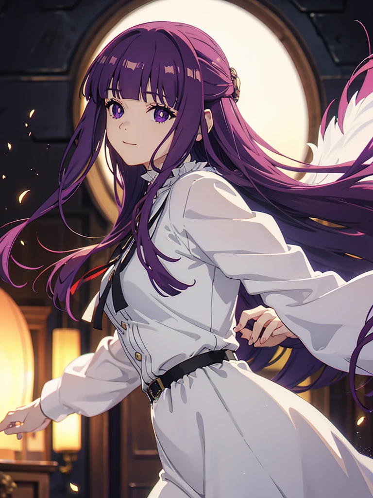 è²ä¼¦,1girl,solo,purple hair,long hair,purple eyes,blunt bangs,sidelocks,half updo,bright pupils, hair ornament,frilled collar,black robe,white dress,center frills,buttons,wide sleeves,long sleeves,curvy,cowboy shot,brown coat,from side,smile,, Exquisite visuals, high-definition,masterpiece,best quality,, 20yo,Young female,Beautiful Finger,Beautiful long legs,Beautiful body,Beautiful Nose,Beautiful character design, perfect eyes, perfect face,expressive eyes, looking at viewer, official art,extremely detailed CG unity 8k wallpaper, perfect lighting,Colorful, Bright_Front_face_Lighting,shiny skin, (masterpiece:1.0),(best_quality:1.0), ultra high res,4K,ultra-detailed, photography, 8K, HDR, highres, absurdres:1.2, Kodak portra 400, film grain, blurry background, bokeh:1.2, lens flare, (vibrant_color:1.2), (beautiful_face:1.5),(narrow_waist),