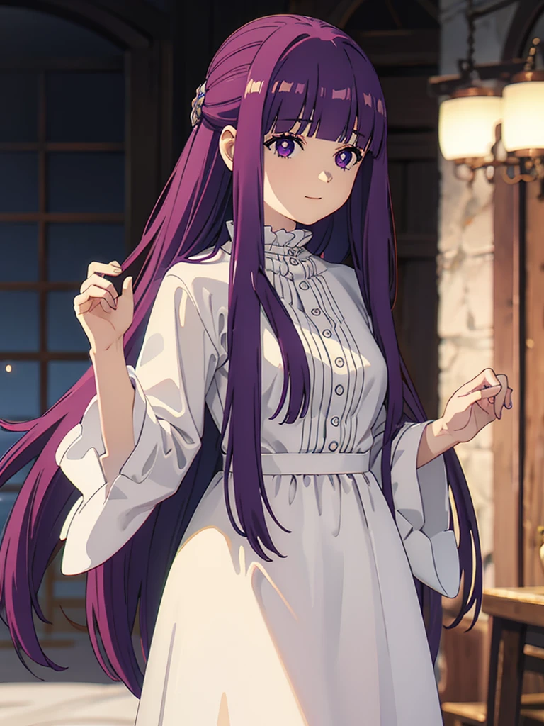 è²ä¼¦,1girl,solo,purple hair,long hair,purple eyes,blunt bangs,sidelocks,half updo,bright pupils, hair ornament,frilled collar,black robe,white dress,center frills,buttons,wide sleeves,long sleeves,curvy,cowboy shot,brown coat,from side,smile,, Exquisite visuals, high-definition,masterpiece,best quality,, 20yo,Young female,Beautiful Finger,Beautiful long legs,Beautiful body,Beautiful Nose,Beautiful character design, perfect eyes, perfect face,expressive eyes, looking at viewer, official art,extremely detailed CG unity 8k wallpaper, perfect lighting,Colorful, Bright_Front_face_Lighting,shiny skin, (masterpiece:1.0),(best_quality:1.0), ultra high res,4K,ultra-detailed, photography, 8K, HDR, highres, absurdres:1.2, Kodak portra 400, film grain, blurry background, bokeh:1.2, lens flare, (vibrant_color:1.2), (beautiful_face:1.5),(narrow_waist),