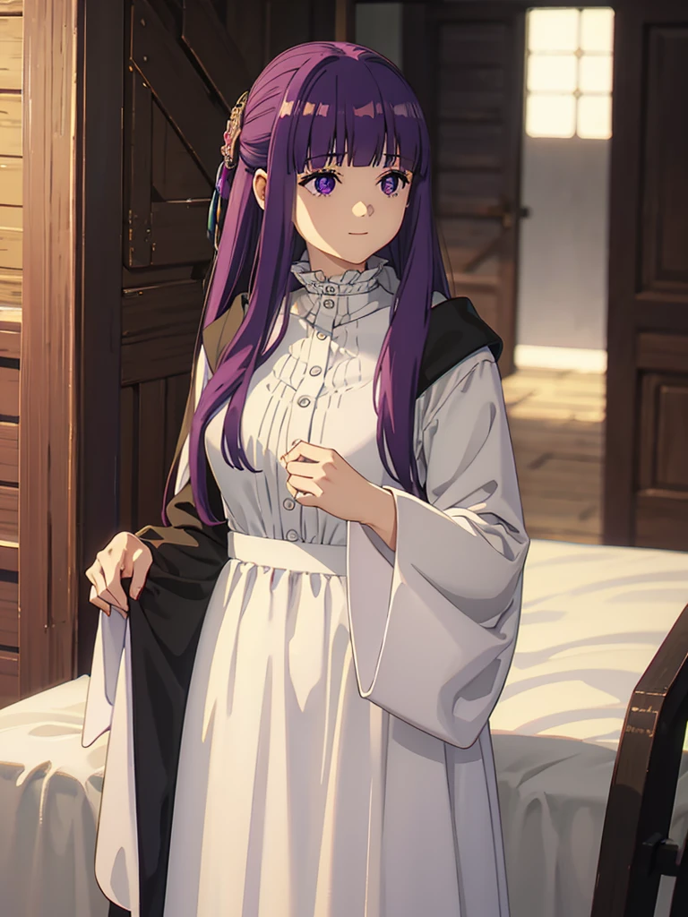 è²ä¼¦,1girl,solo,purple hair,long hair,purple eyes,blunt bangs,sidelocks,half updo,bright pupils, hair ornament,frilled collar,black robe,white dress,center frills,buttons,wide sleeves,long sleeves,curvy,cowboy shot,brown coat,from side,smile,, Exquisite visuals, high-definition,masterpiece,best quality,, 20yo,Young female,Beautiful Finger,Beautiful long legs,Beautiful body,Beautiful Nose,Beautiful character design, perfect eyes, perfect face,expressive eyes, looking at viewer, official art,extremely detailed CG unity 8k wallpaper, perfect lighting,Colorful, Bright_Front_face_Lighting,shiny skin, (masterpiece:1.0),(best_quality:1.0), ultra high res,4K,ultra-detailed, photography, 8K, HDR, highres, absurdres:1.2, Kodak portra 400, film grain, blurry background, bokeh:1.2, lens flare, (vibrant_color:1.2), (beautiful_face:1.5),(narrow_waist),