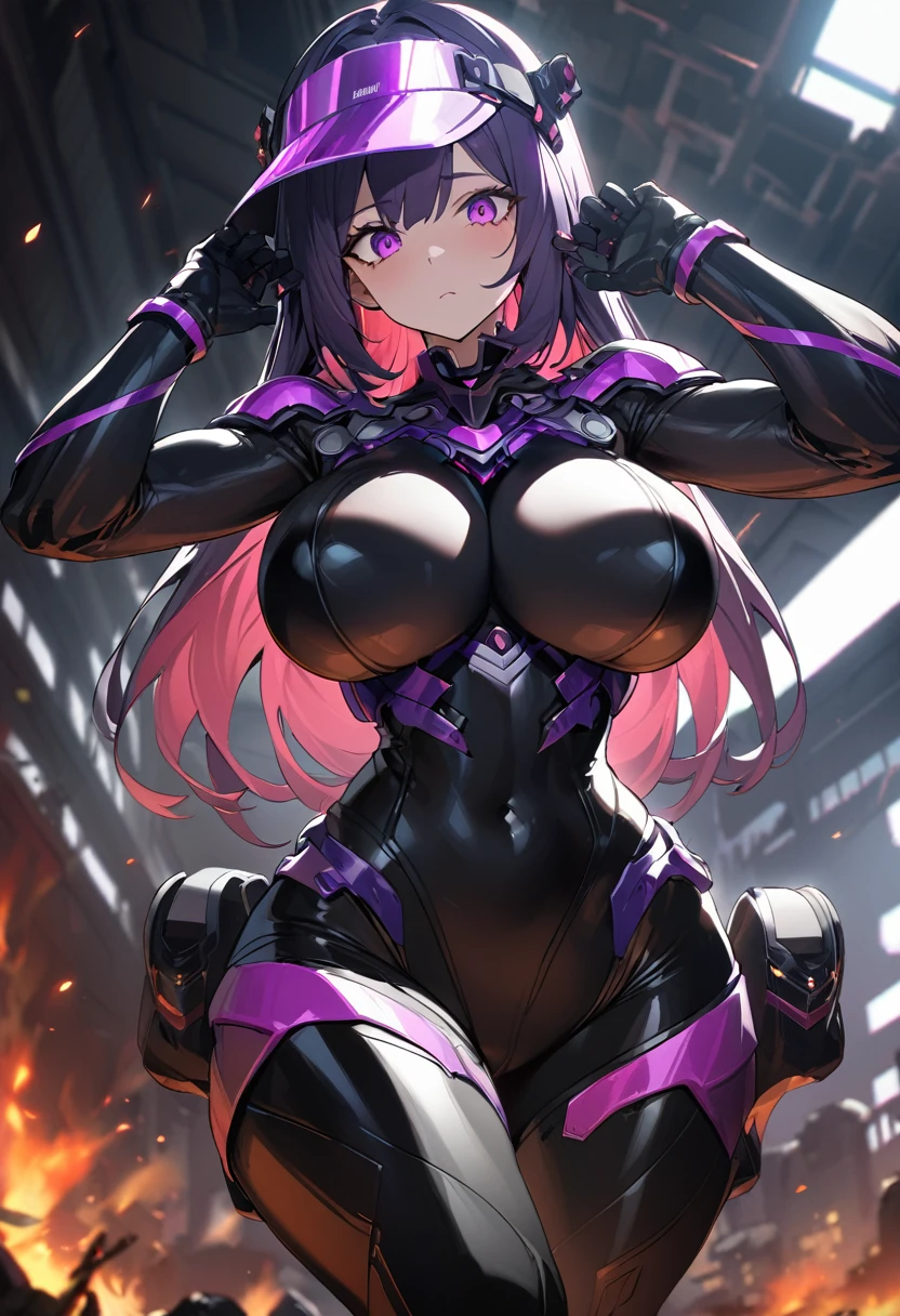 1 girl,Browsing Caution,Helmet, brainwashing, visor, wire, clavicle, Eyes glowing purple,Absurd, brainwashinging,Hollow Eyes, Big Breasts, Expressionless,Emotional erasure, (Black latex tight bodysuit),avert your eyes , 全身shape,(Highest quality、4K、8k、High resolution、Must have:1.2)、Very detailed、(reality、reality的なです、reality的な:1.37)、Ticker、Hyper HD、Studio Lighting、Ultra High Definition Paint、Sharp focus、Physically Based Rendering、Extreme Detail、Professional specifications、Vibrancy and color、Blurred、Sports portrait、landscape、Horror Style、anime Big Breasts、sf、photograph、Concept Artist、Five Fingers, Perfect body,  {{{masterpiece}}}, {{{Highest quality}}}, {{Very detailed}}, {shape}, {{Very delicate and beautiful}},Improved cost performance、All Roles、Canon 5D MK4でphotograph、photograph, 