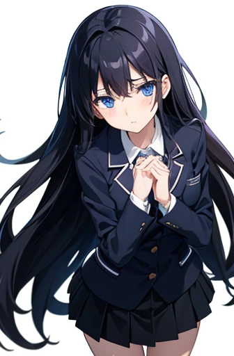 Photo from thigh to head、Standing at the camera、Hands clasped together and placed on chest、One high school girl、sad look、anxiety、Long black hair、Straight Hair、Blue Eyes、uniform、blazer、Pleated skirt、Slender figure、White background
