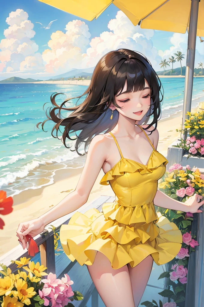 (full body, pov style), (solo:2, 15 yo, blunt bangs:1.3 black hair long hair sexy girl, sexy closed eyes, happy smile, glossy lip, sexy tits), (in a yellow summer Layered one piece dress), break, in the Beach food stalls, background Double Exposure beautiful ocean and beautiful rainbow, BREAK, perfect anatomy, masterpiece, best quality, 16k, beautiful detailed love, sexy, daydreaming expression.