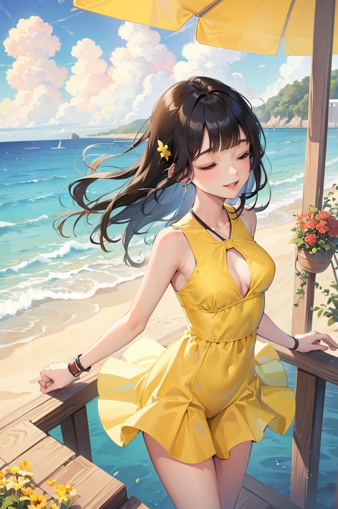 (full body, pov style), (solo:2, 15 yo, blunt bangs:1.3 black hair long hair sexy girl, sexy closed eyes, happy smile, glossy lip, sexy tits), (in a yellow summer Layered one piece dress), break, in the Beach food stalls, background Double Exposure beautiful ocean and beautiful rainbow, BREAK, perfect anatomy, masterpiece, best quality, 16k, beautiful detailed love, sexy, daydreaming expression.