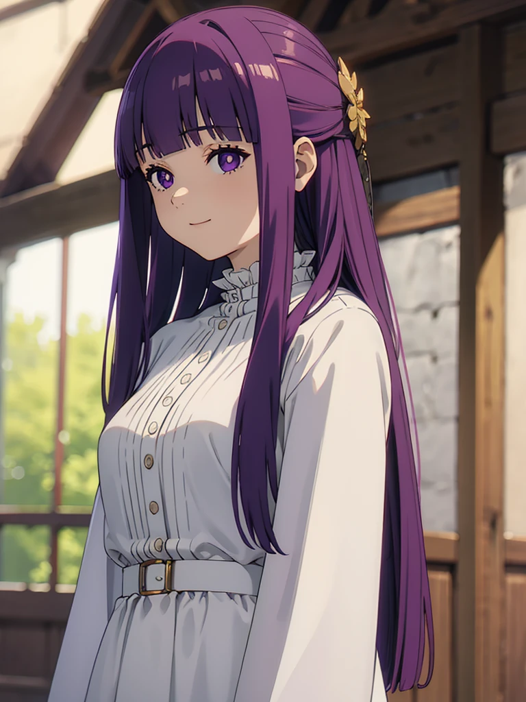 è²ä¼¦,1girl,solo,purple hair,long hair,purple eyes,blunt bangs,sidelocks,half updo,bright pupils, hair ornament,frilled collar,black robe,white dress,center frills,buttons,wide sleeves,long sleeves,curvy,cowboy shot,brown coat,from side,smile,, Exquisite visuals, high-definition,masterpiece,best quality,, 20yo,Young female,Beautiful Finger,Beautiful long legs,Beautiful body,Beautiful Nose,Beautiful character design, perfect eyes, perfect face,expressive eyes, looking at viewer, official art,extremely detailed CG unity 8k wallpaper, perfect lighting,Colorful, Bright_Front_face_Lighting,shiny skin, (masterpiece:1.0),(best_quality:1.0), ultra high res,4K,ultra-detailed, photography, 8K, HDR, highres, absurdres:1.2, Kodak portra 400, film grain, blurry background, bokeh:1.2, lens flare, (vibrant_color:1.2), (beautiful_face:1.5),(narrow_waist),