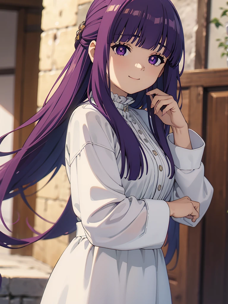 è²ä¼¦,1girl,solo,purple hair,long hair,purple eyes,blunt bangs,sidelocks,half updo,bright pupils, hair ornament,frilled collar,black robe,white dress,center frills,buttons,wide sleeves,long sleeves,curvy,cowboy shot,brown coat,from side,smile,, Exquisite visuals, high-definition,masterpiece,best quality,, 20yo,Young female,Beautiful Finger,Beautiful long legs,Beautiful body,Beautiful Nose,Beautiful character design, perfect eyes, perfect face,expressive eyes, looking at viewer, official art,extremely detailed CG unity 8k wallpaper, perfect lighting,Colorful, Bright_Front_face_Lighting,shiny skin, (masterpiece:1.0),(best_quality:1.0), ultra high res,4K,ultra-detailed, photography, 8K, HDR, highres, absurdres:1.2, Kodak portra 400, film grain, blurry background, bokeh:1.2, lens flare, (vibrant_color:1.2), (beautiful_face:1.5),(narrow_waist),