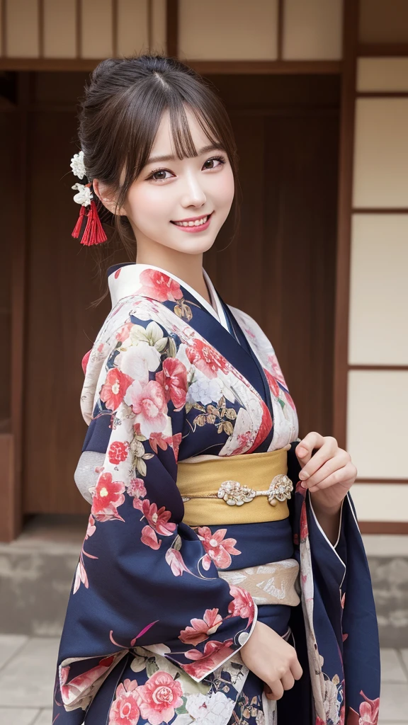 masterpiece, best quality, illustration, ultra-detailed, finely detailed, high resolution, 8K wallpaper, perfect dynamic composition, beautiful detailed eyes, traditional Japanese setting, elegant pose, kimono, smile, looking at camera