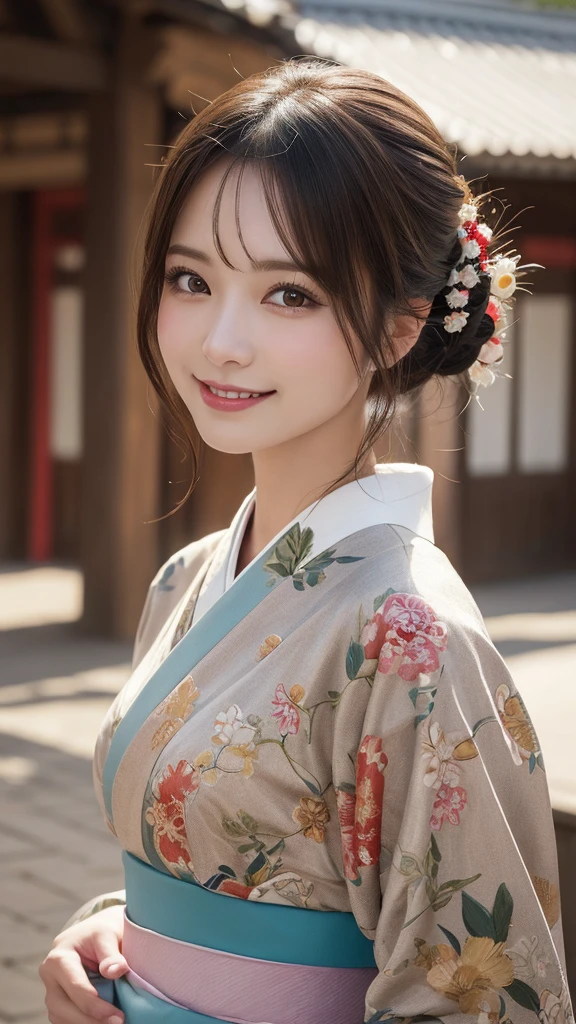 masterpiece, best quality, illustration, ultra-detailed, finely detailed, high resolution, 8K wallpaper, perfect dynamic composition, beautiful detailed eyes, traditional Japanese setting, elegant pose, kimono, smile, looking at camera