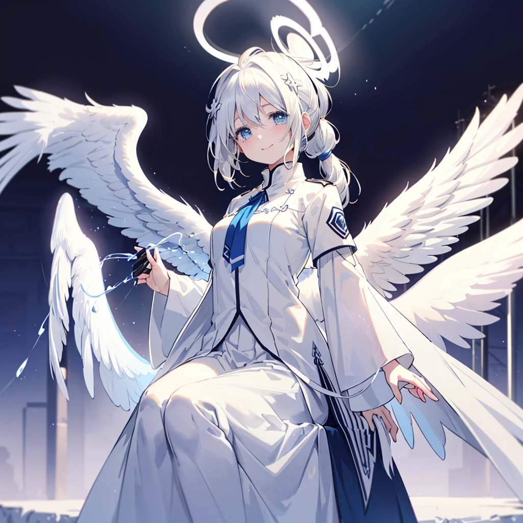 (masterpiece)、(absurdres)、(ultra detailed)、(8k),Anatomically correct,anime illustration,(Angel wings:1.3),(solo girl),(white hair),shortcut hair,(middle breast:0.9),(white robe:1.2),BREAK,(yellow hairpin:1.0),BREAK,smile,colorful cinematic lighting:1.3,Floating heart on hands,looking down:1.1,sky,