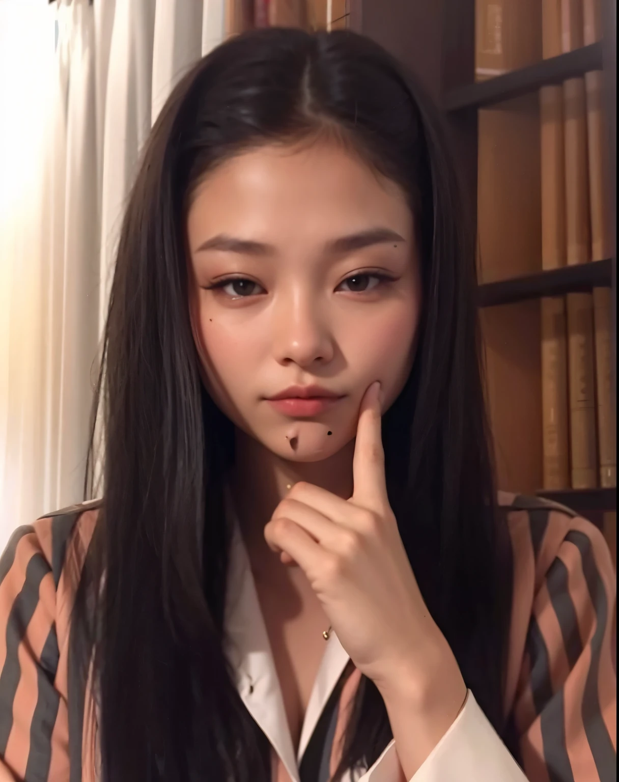 There is a woman who is sitting at a table with lipstick, Chica coreana, young cute wan asian face, Hermosa mujer surcoreana, Joven y adorable rostro coreano, Wan adorable cara coreana, Hermosa joven coreana, maquillaje popular de Corea del Sur, maquillaje coreano popular, Jaeyeon Nam, Hermosa cara de chicas japonesas, Hermosa joven coreana, Heonhwa Choe, con labios muy finos