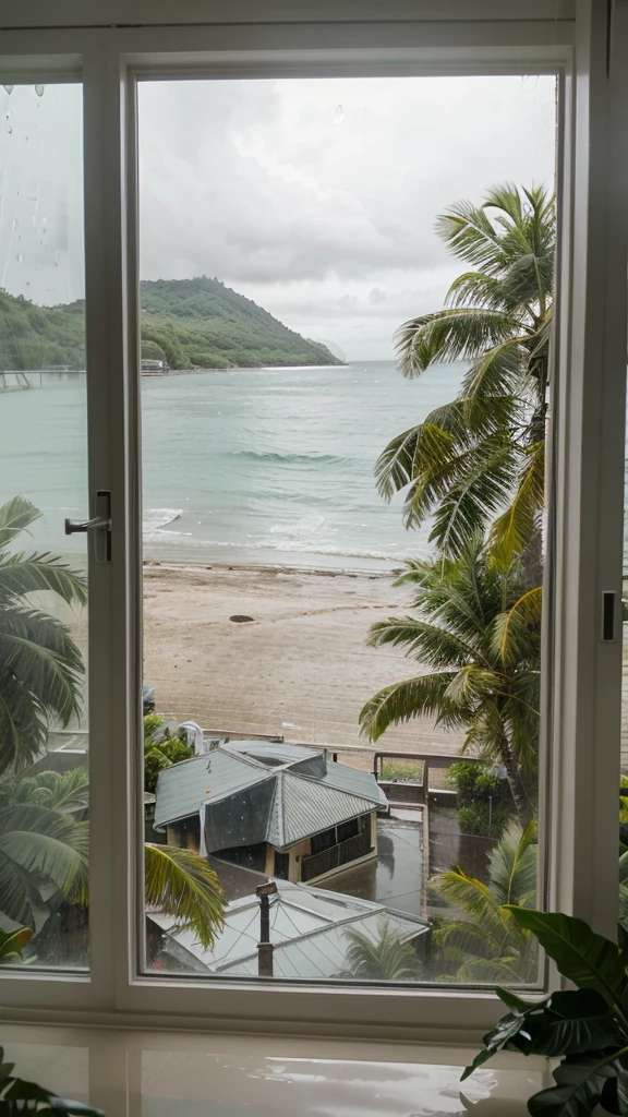 Rainy scenery seen from a tropical window Beach view from the window