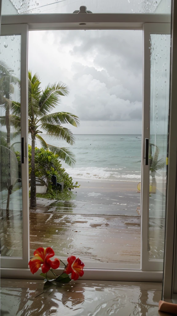 Rainy scenery seen from a tropical window Beach view from the window