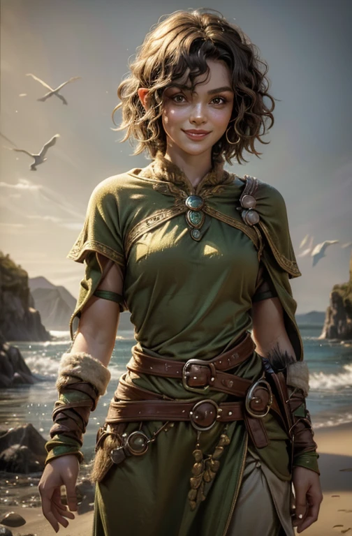 She's a half-elf, with short curly hair, cute and spritely with a twinkle in her eye and a smile on her face. 