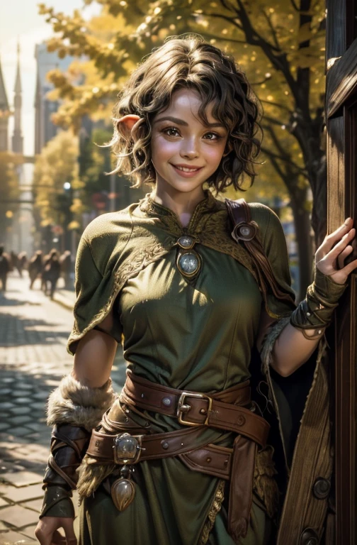 She's a half-elf, with short curly hair, cute and spritely with a twinkle in her eye and a smile on her face. 