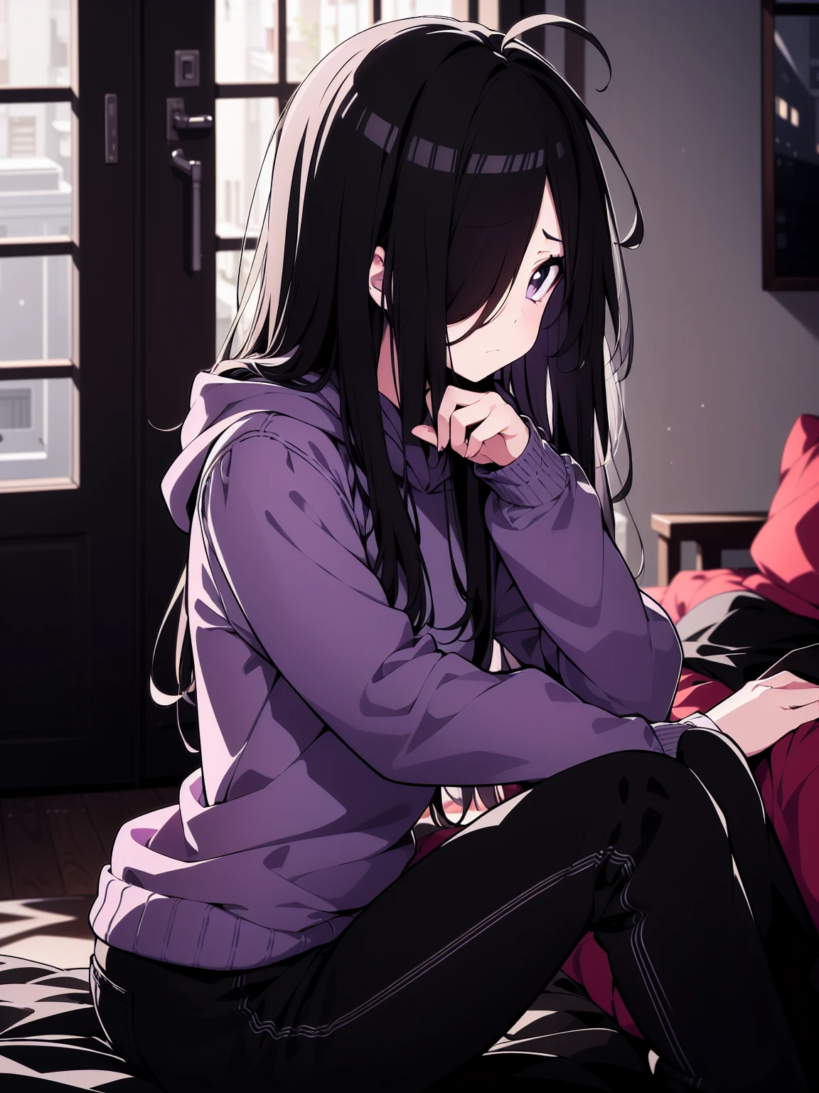side view, colorful, (best quality, ultra-high resolution, depth of field:1.2), 1woman, (gothic), black hair, (long black hair), messy hair, hair over one eye, purple eyes, cozy sweater, hoodie, black soggy pants, (dimly lit room:1.2), melancholic expression, (somber atmosphere:1.3), sitting on a bed