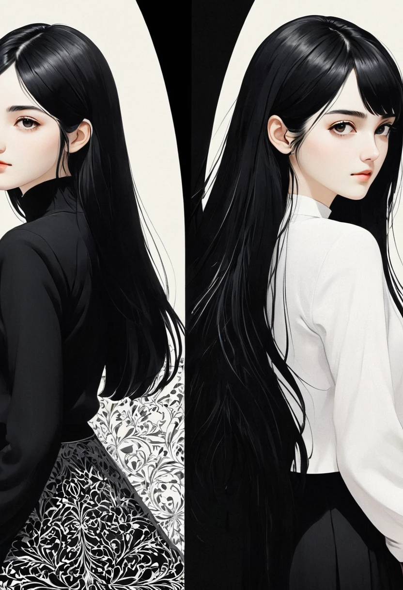(masterpiece, best quality, Extremely detailed), delicate patterned, Detailed background,
(1 Girl), Solitary, Bankruptcy,
Single Cream, black and white, (Split screen) Long black hair wearing black clothes,Short white hair wearing white clothes, Flip horizontally, symmetry, Clear edges, High contrast,