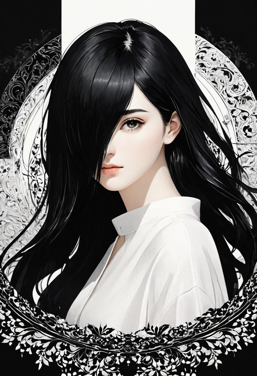 (masterpiece, best quality, Extremely detailed), delicate patterned, Detailed background,
(1 Girl), Solitary, Bankruptcy,
Single Cream, black and white, (Split screen) Long black hair wearing black clothes,Short white hair wearing white clothes, Flip horizontally, symmetry, Clear edges, High contrast,