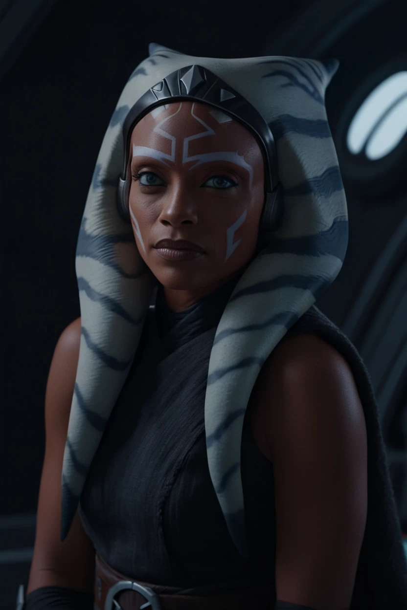 cinematic film still ahsoka tano raised eyebrow inside a ship, nake, average , full body shot. Shallow depth of field, vignette, Highly detailed, HD Hollywood film by Ryan Coogler, Bokeh, cinemascope, moody, epic, wonderful, film grain, grainy