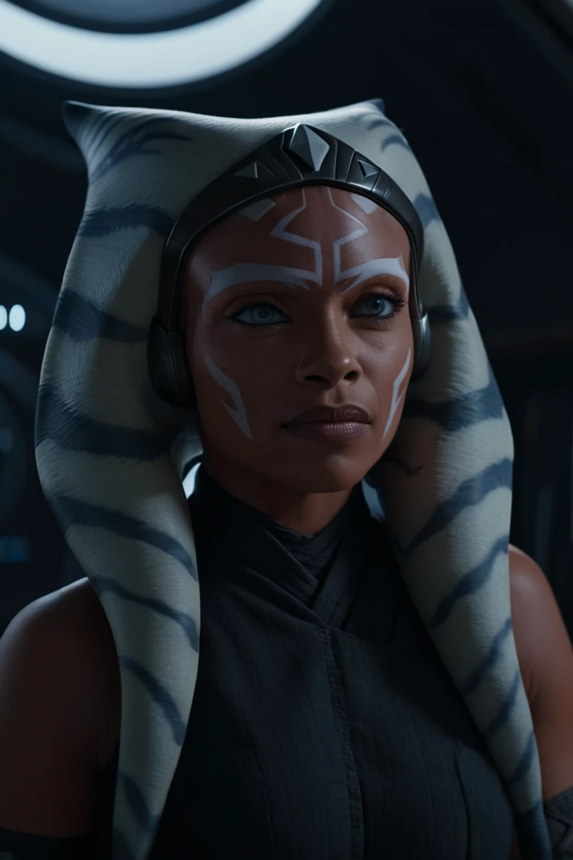 cinematic film still ahsoka tano raised eyebrow inside a ship, nake, average , full body shot. Shallow depth of field, vignette, Highly detailed, HD Hollywood film by Ryan Coogler, Bokeh, cinemascope, moody, epic, wonderful, film grain, grainy