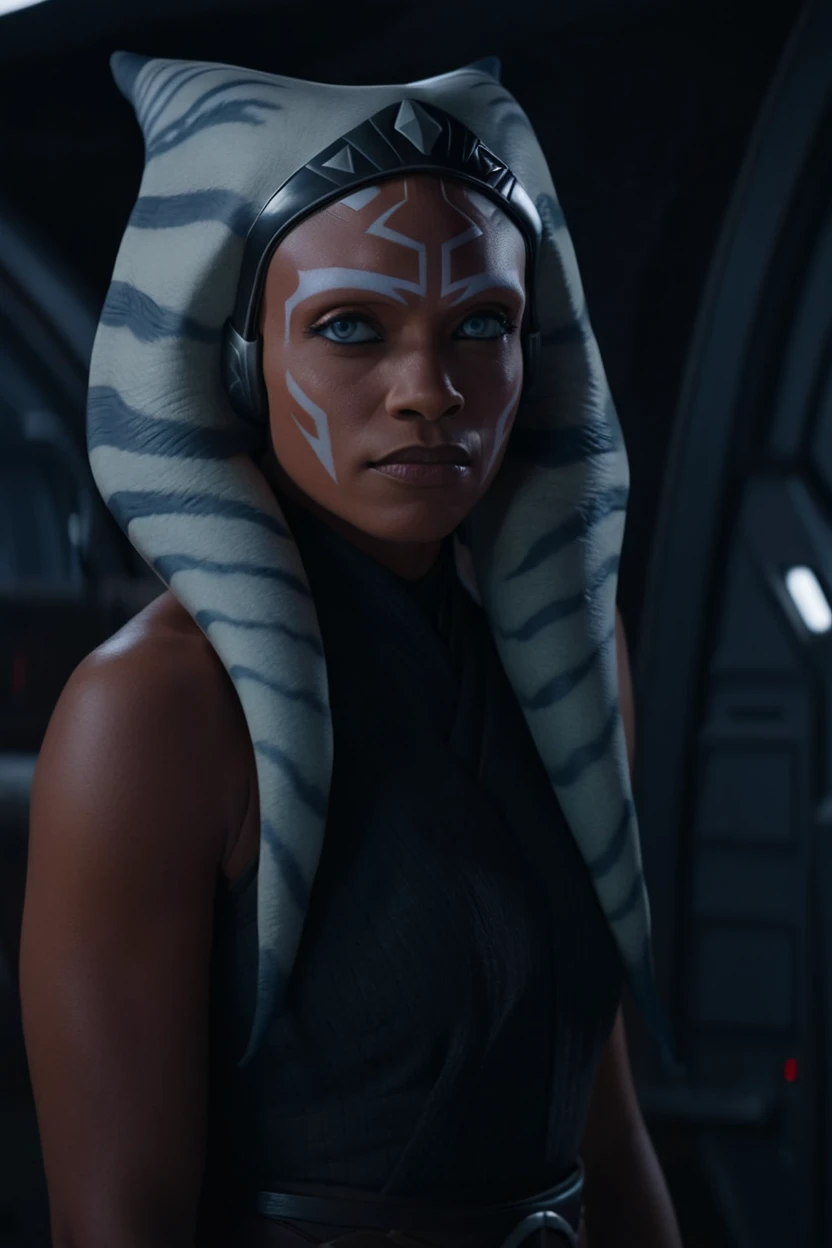 cinematic film still ahsoka tano raised eyebrow inside a ship, nake, average , full body shot. Shallow depth of field, vignette, Highly detailed, HD Hollywood film by Ryan Coogler, Bokeh, cinemascope, moody, epic, wonderful, film grain, grainy