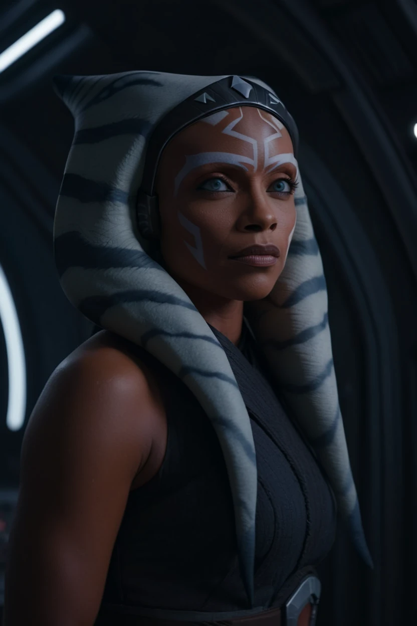 cinematic film still ahsoka tano raised eyebrow inside a ship, nake, average , full body shot. Shallow depth of field, vignette, Highly detailed, HD Hollywood film by Ryan Coogler, Bokeh, cinemascope, moody, epic, wonderful, film grain, grainy