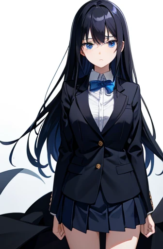 Photo from thigh to head、Front facing、Standing at the camera、Hands clasped together and placed on chest、One high school girl、sad look、anxiety、Long black hair、Straight Hair、Blue Eyes、uniform、blazer、Pleated skirt、Slender figure、White background