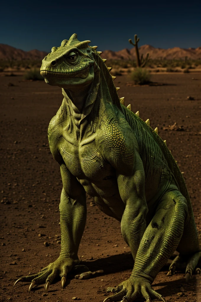 A lizardman in a dark desert, with the thousand yard look on his face