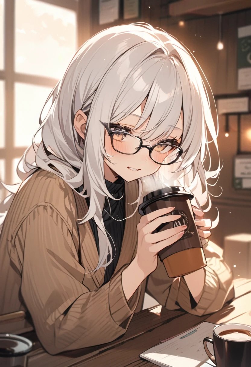 Aromatic coffee、One Girl、White Hair、cute、Black glasses