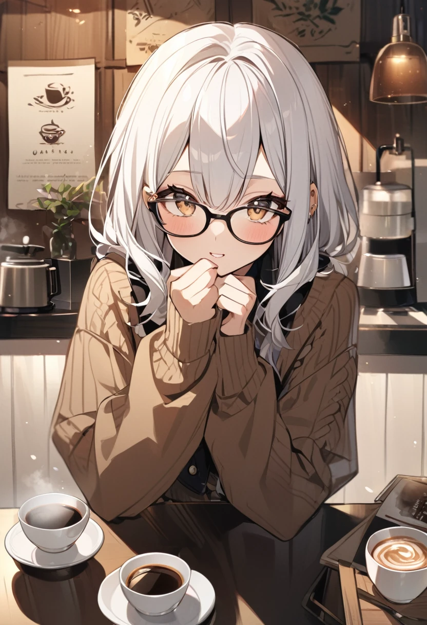 Aromatic coffee、One Girl、White Hair、cute、Black glasses
