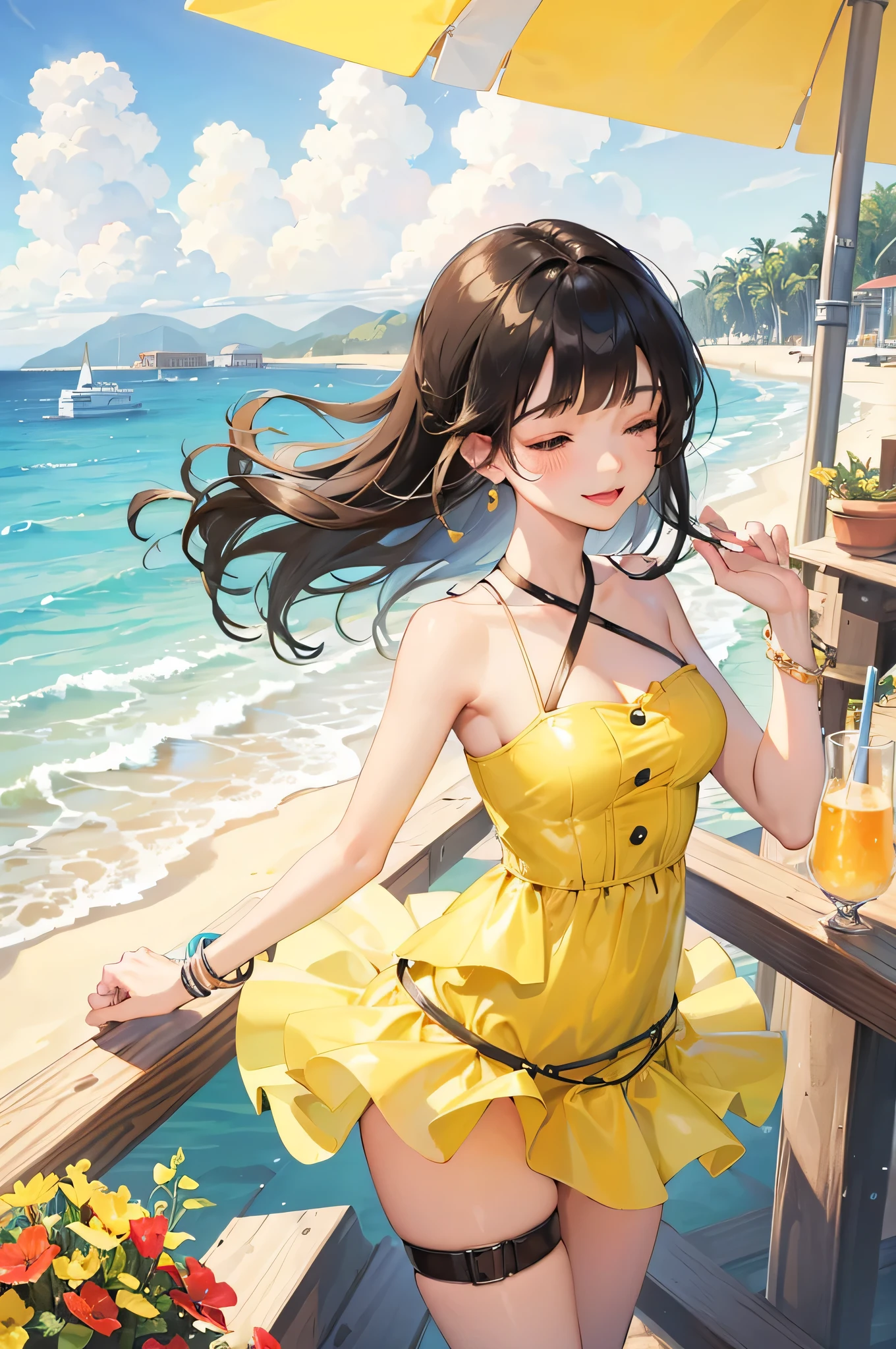 (full body, pov style), (solo:2, 15 yo, blunt bangs:1.3 black hair long hair sexy girl, sexy closed eyes, happy smile, glossy lip, sexy tits), (in a yellow summer Layered one piece dress), break, in the Beach food stalls, background Double Exposure beautiful ocean and beautiful rainbow, BREAK, perfect anatomy, masterpiece, best quality, 16k, beautiful detailed love, sexy, daydreaming expression.